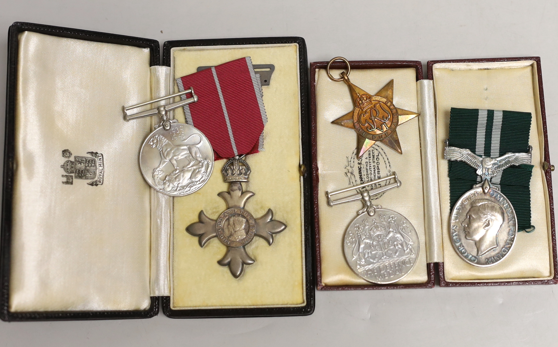 Squadron Leader W. Kenworthy medals, comprising a George V MBE (military) numbered 86759, a George VI Air Efficiency award (as acting Squadron Leader RAFVR) together with a World War II trio